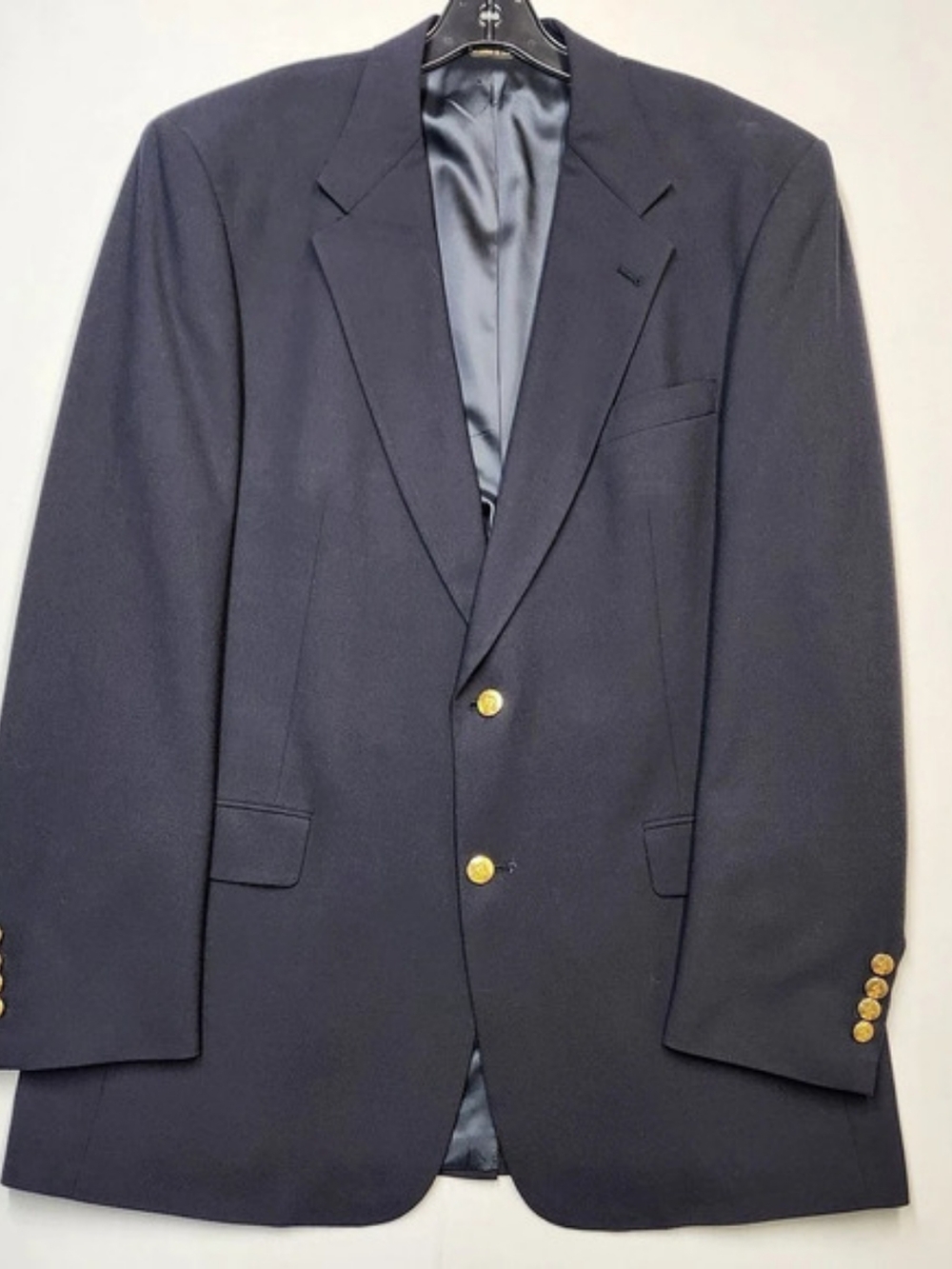 Vintage Austin Reed Navy Blue Blazer Sport Coat Mens 42L Wool 2 Button Gold